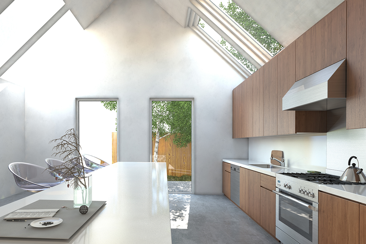 white modern kitchen with windows in ceiling and brown cabinets