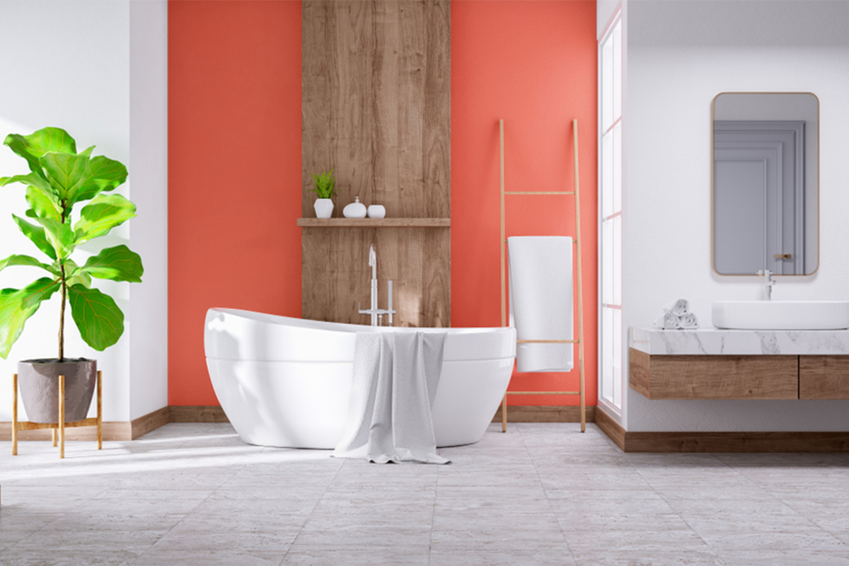 modern bathroom showing white tub with green plant and orange wall