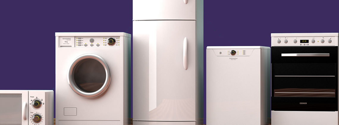 a lineup of appliances (microwave, washing machine, refrigerator, dryer, and oven.