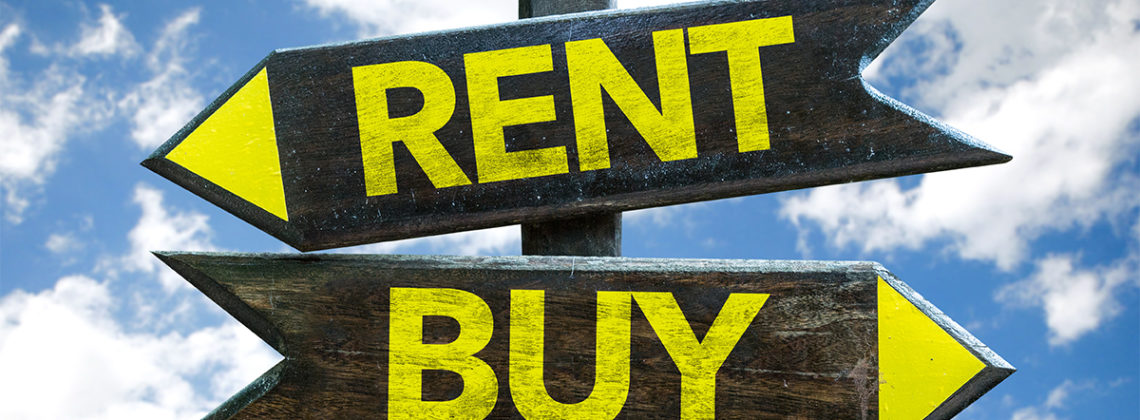 sign pointing in 2 directions reading rent or buy