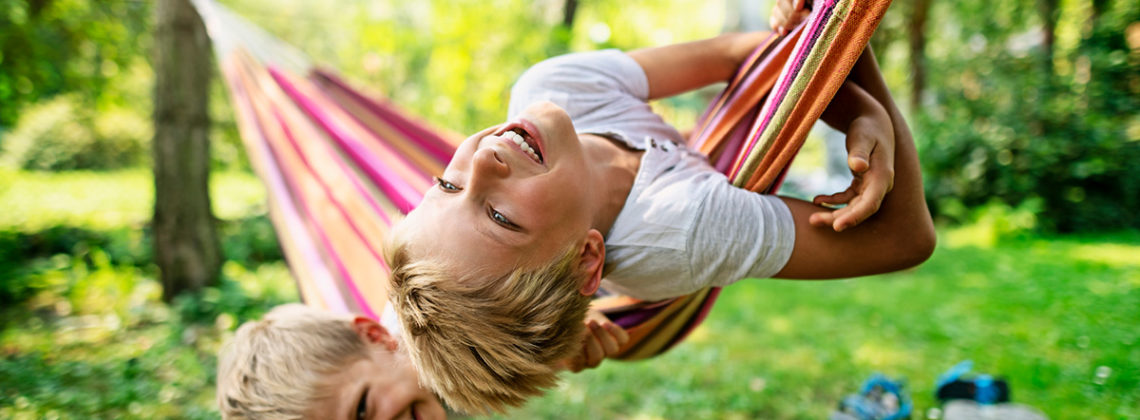 two young brothers swing in a hammock