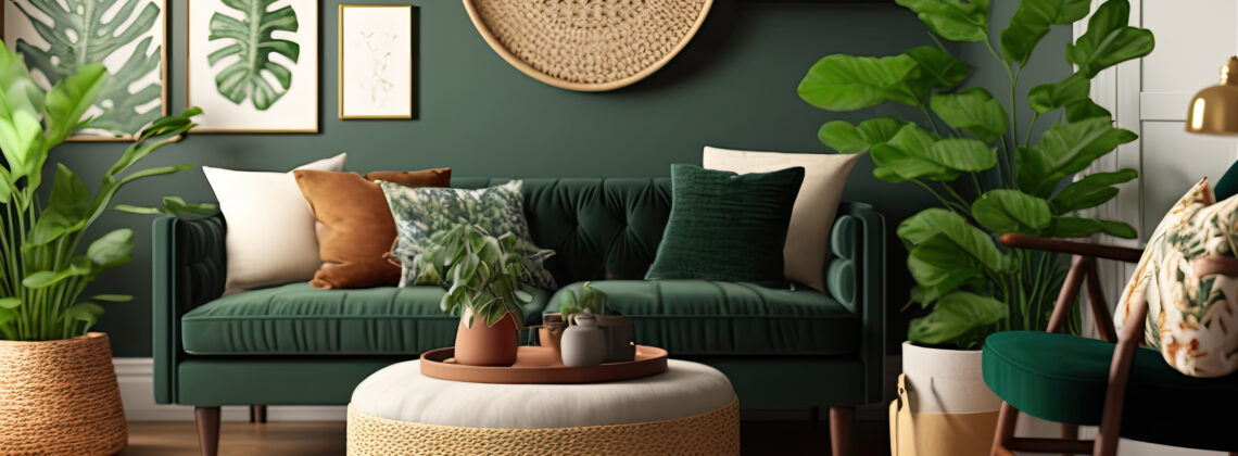 peaceful living room with plants and green velvet couch