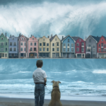 boy and dog standing in front of tsunami wave with row of homes