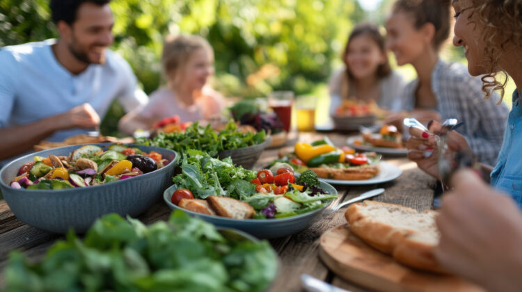 Friends and family eating a healthy meal outside