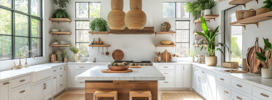 A modern, biophilic design kitchen with delightful blend of rustic charm: white cabinetry, central island, wooden stools, woven light fixtures, marble countertop, sink and faucet, white brick wall