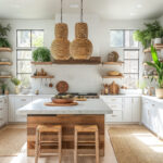 A modern, biophilic design kitchen with delightful blend of rustic charm: white cabinetry, central island, wooden stools, woven light fixtures, marble countertop, sink and faucet, white brick wall