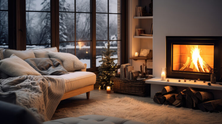 cozy living room with fireplace and a snowy scene outside the window