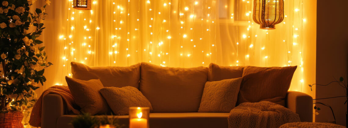 living room with couch, string lights, hanging lights and candle light