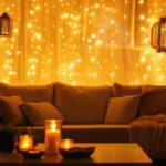 living room with couch, string lights, hanging lights and candle light