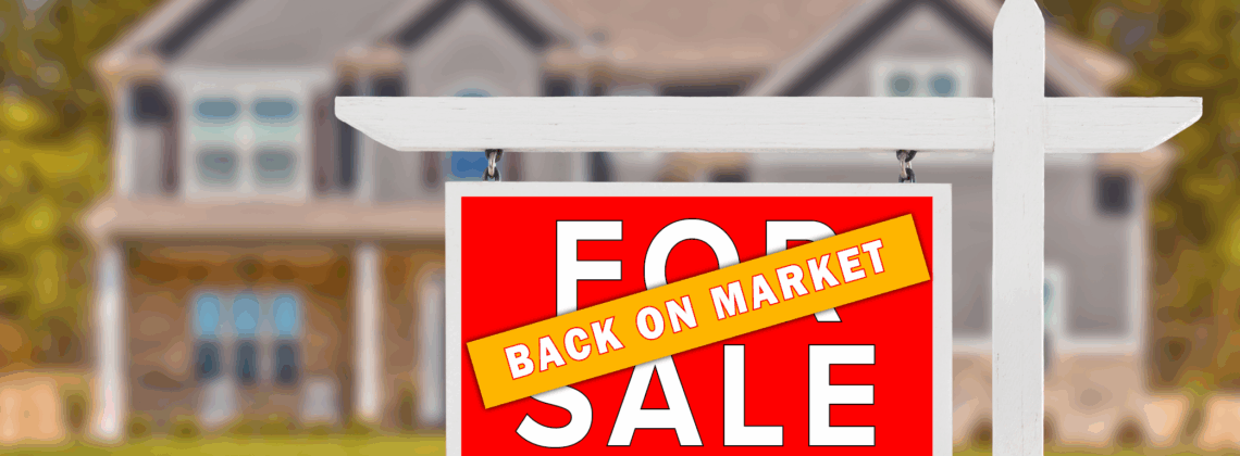 Real estate sign with For Sale and Back on Market with house in the background