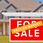 Real estate sign with For Sale and Back on Market with house in the background
