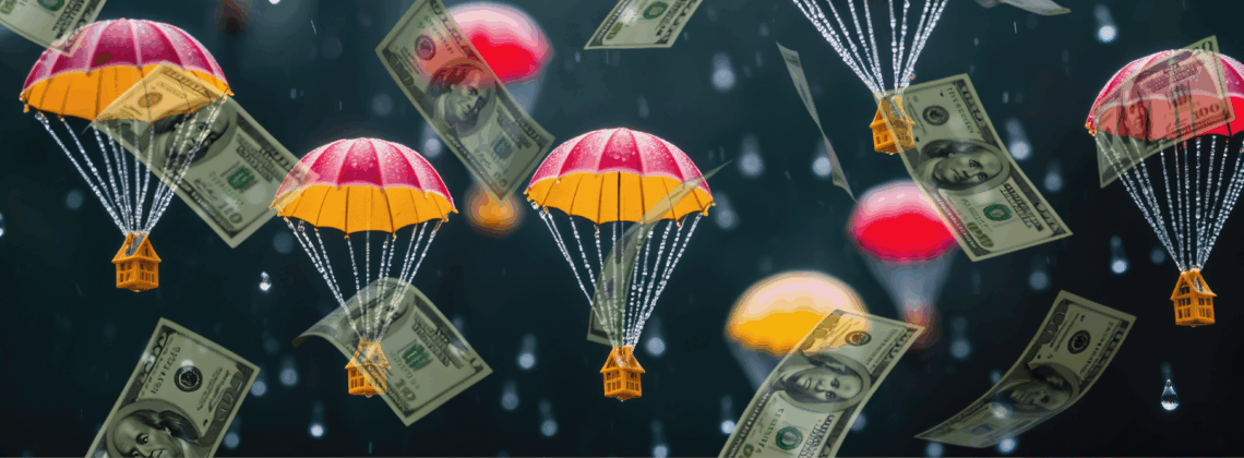 houses with parachutes falling through a stormy sky with dollar bills floating through the air