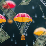 houses with parachutes falling through a stormy sky with dollar bills floating through the air