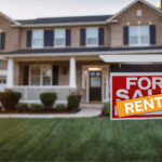 Farm style two story house with For Rent sign in front yard