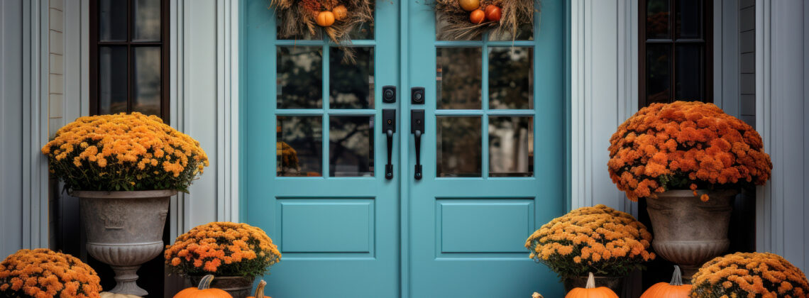 festive fall front doorway with flowers, pumpkins and autumnal wreaths