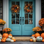 festive fall front doorway with flowers, pumpkins and autumnal wreaths