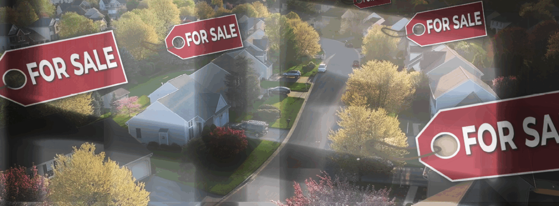Neighborhood with numerous for sale signs and a shadowed window frame across it