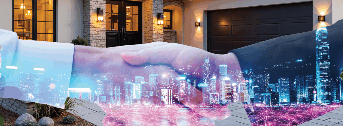 Digital handshake against front door of a luxury home