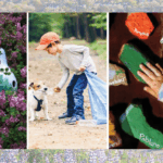 earth day images of boy picking up trash and a gourd birdhouse and decorated garden rocks