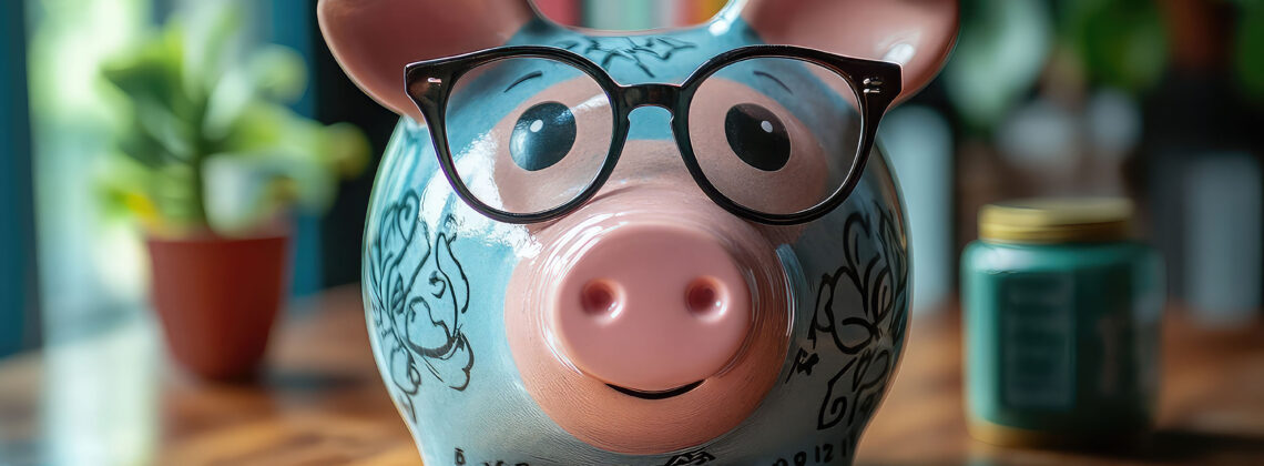 Cute, colorful ceramic piggy bank with black-rimmed glasses