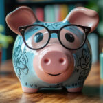 Cute, colorful ceramic piggy bank with black-rimmed glasses