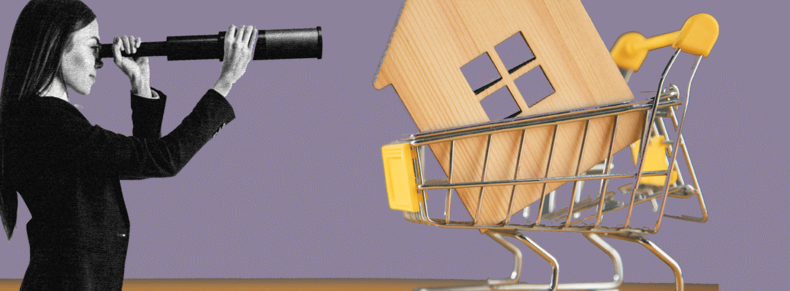 Woman holding a telescope and viewing a house in a shopping cart