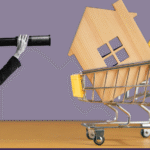 Woman holding a telescope and viewing a house in a shopping cart