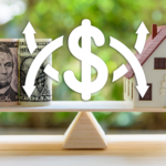 seesaw with house on one side and rolled up money on the other