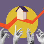Illustration of hands reaching for a home that is out of reach and on an upward graph